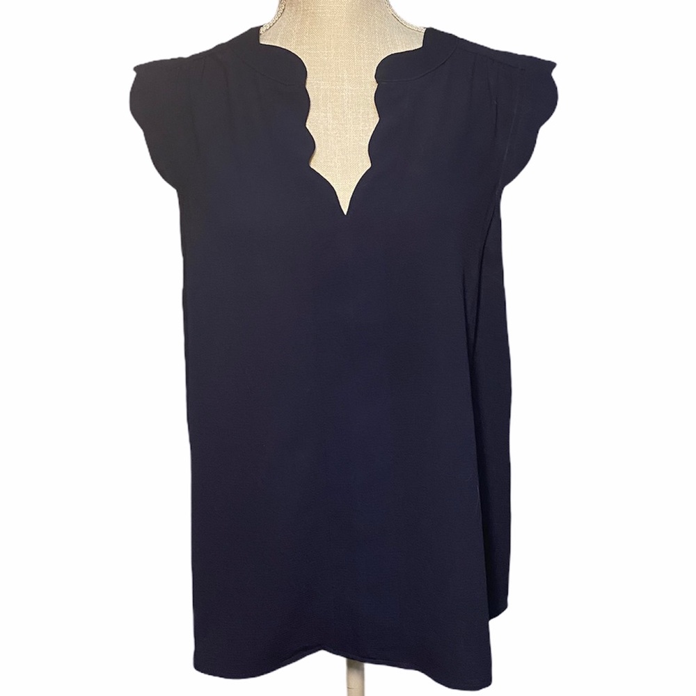 Monteau Navy Scallop V-Neck with Cap Sleeves